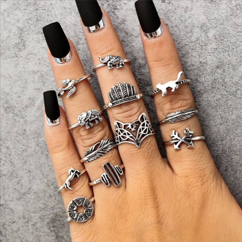 12-piece Zodiac Symbols Fox Cat Silver Ring Set - Picture 2 of 8